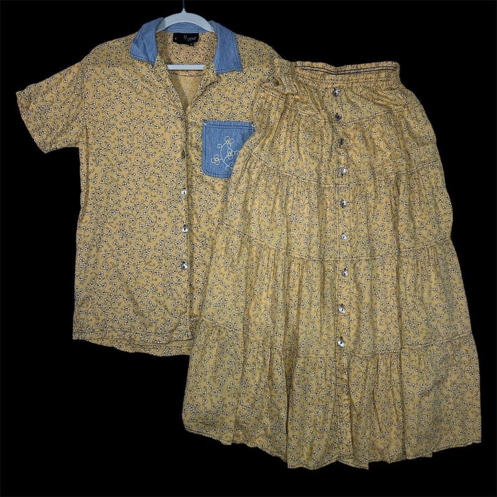 VTG Carole Little Sport Set 4 Rayon Tiered Maxi Skirt Calico Blouse 2 Pc Boho